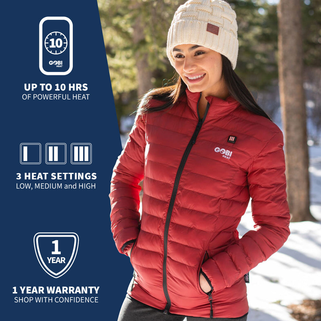 Women’s heated puffer jacket with hood, worn outdoors with knit beanie