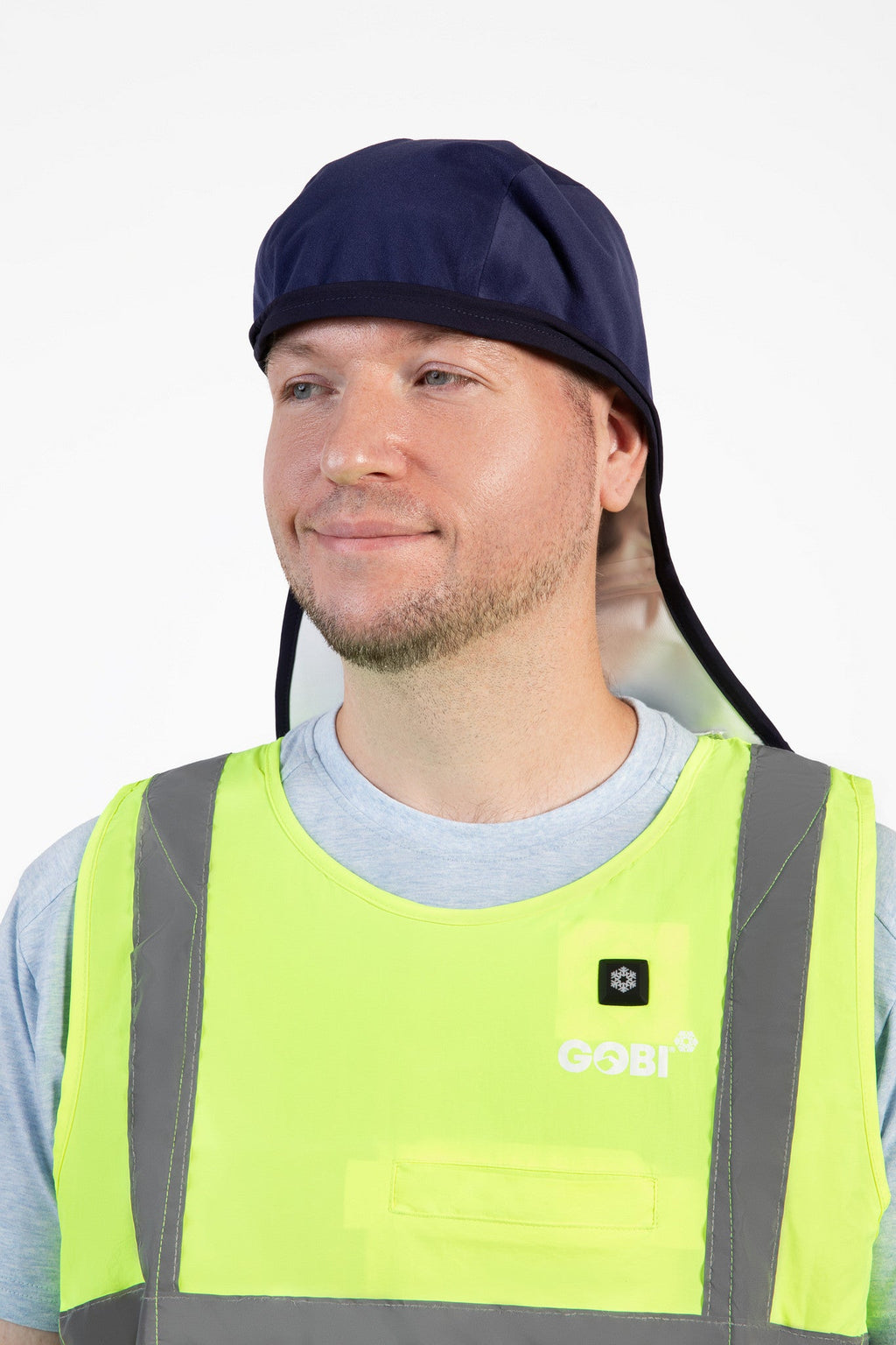 Azure cooling cap with chin strap and soft neck flap, worn by model