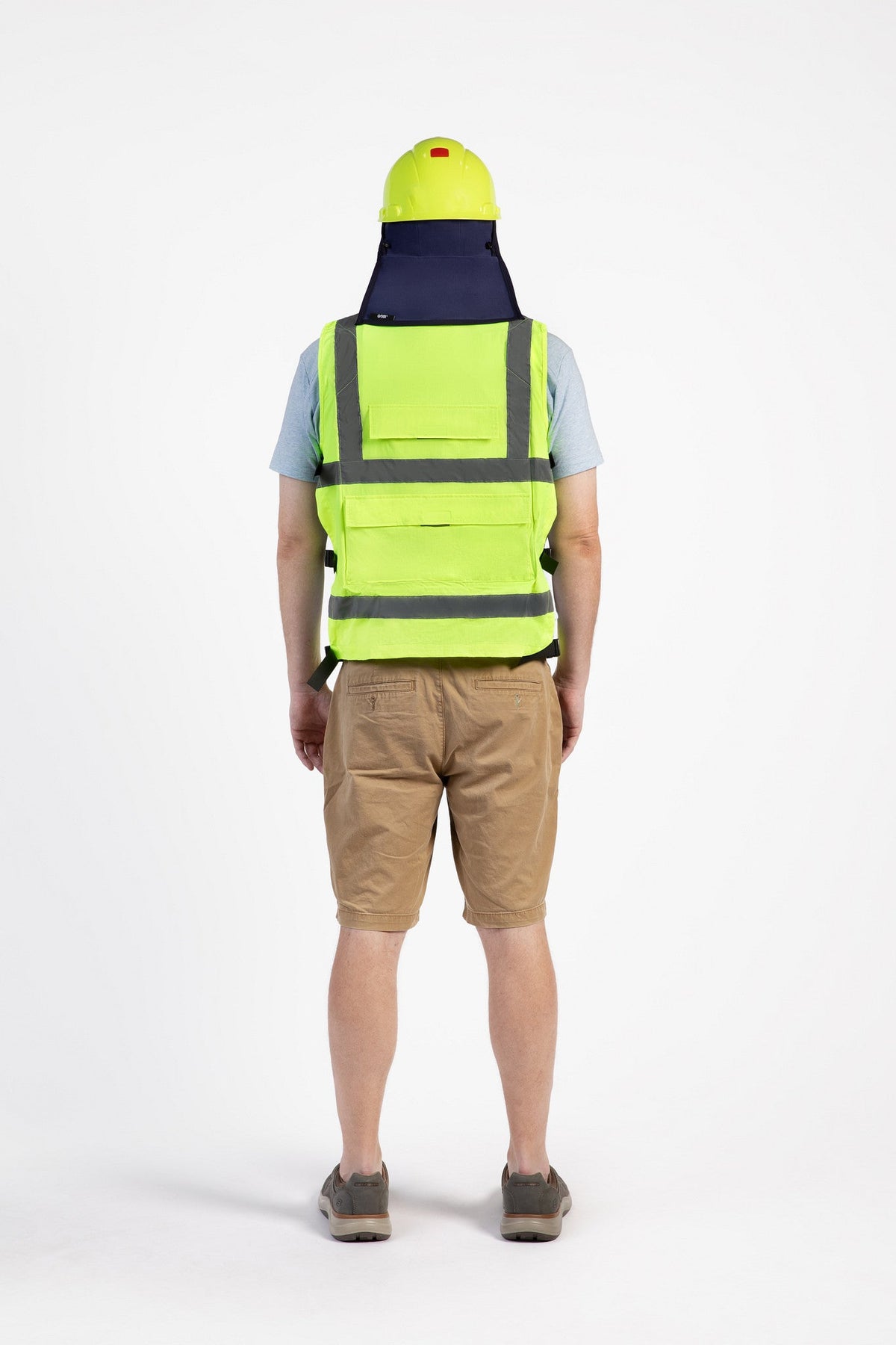 Azure cooling cap with long neck flap and adjustable side ties worn on back