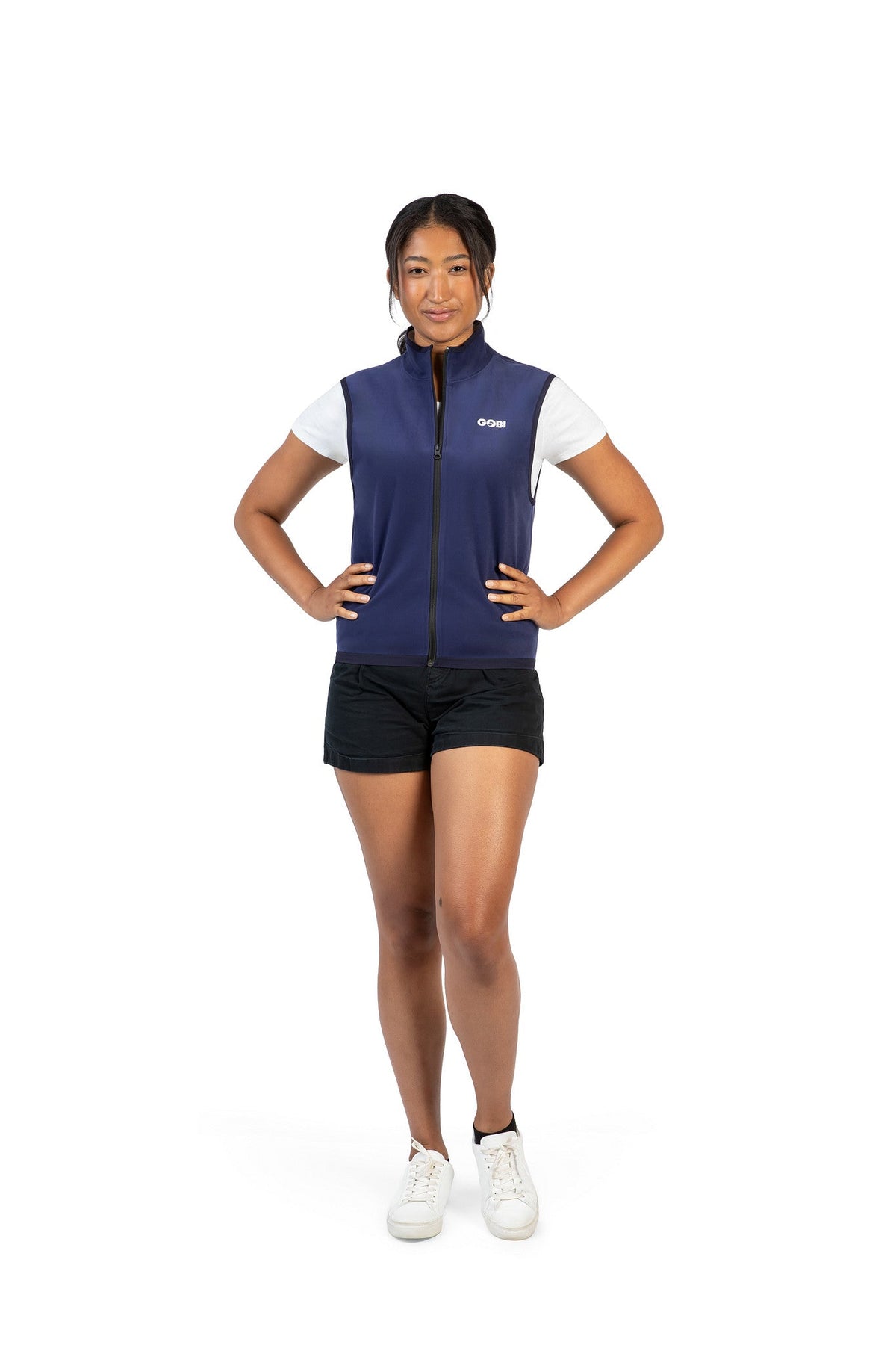 Men's dark blue cooling vest worn over a white T-shirt, full-zip front, stand collar