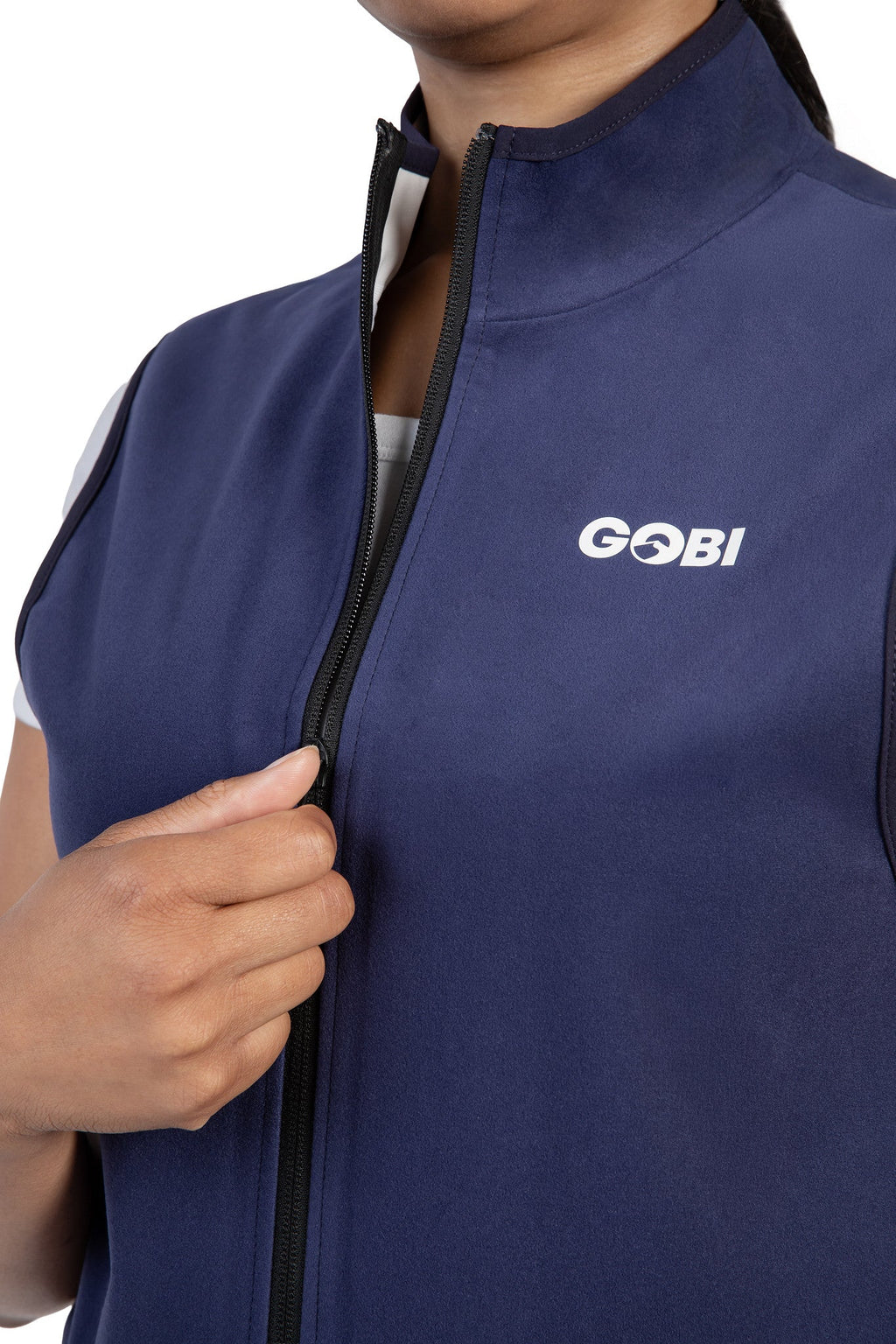 Men's blue cooling vest with GOBI chest logo and full-zip front