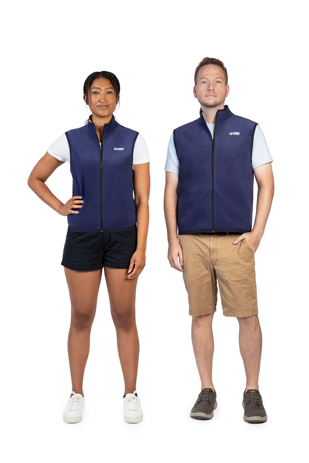 Blue cooling vest worn by two models, front view with full zipper and logo