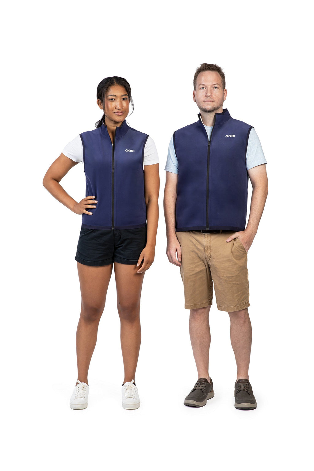 Blue cooling vests worn front-facing by two people with stand collar and zip