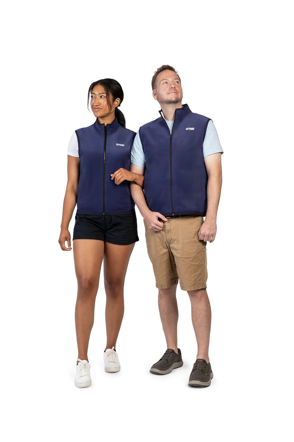 Blue cooling vests on two models, angled front view with stand collar and zip