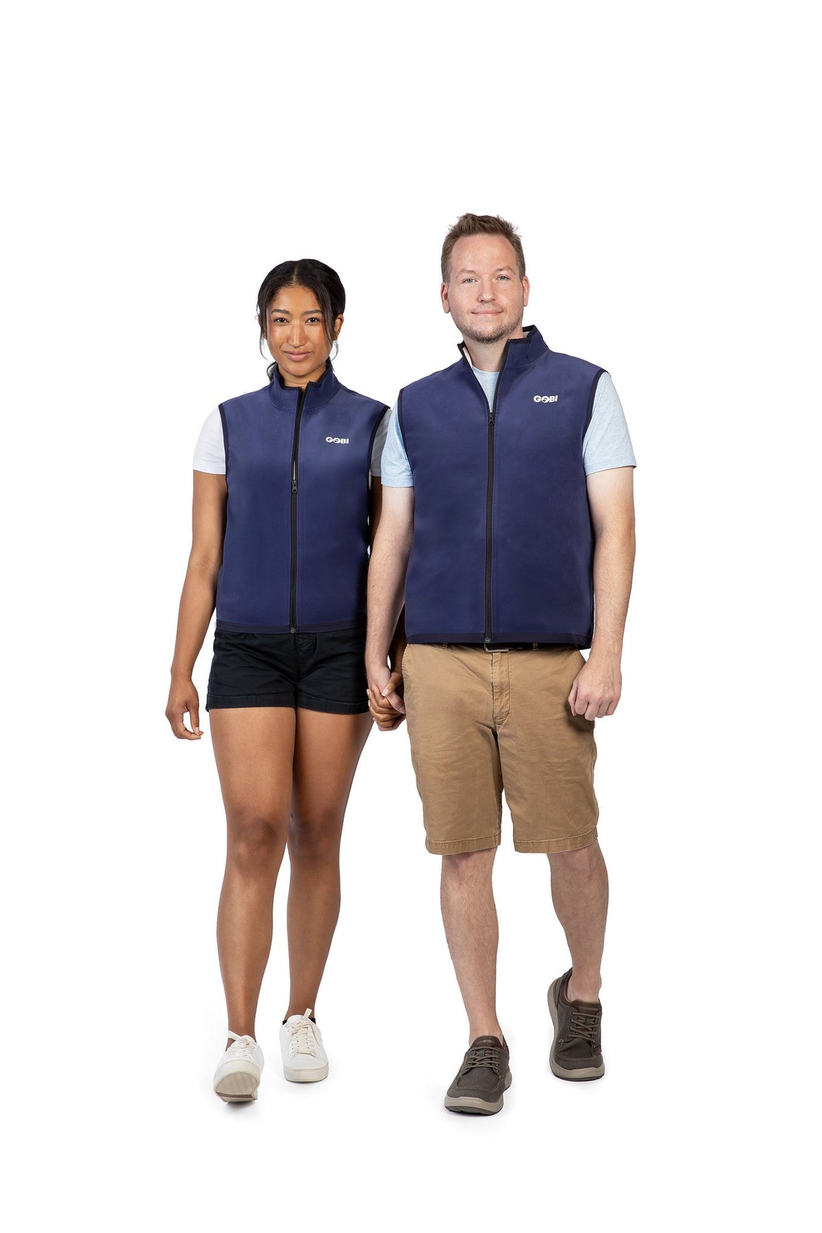 Blue cooling vests worn by two models, front view with stand collar and zipper