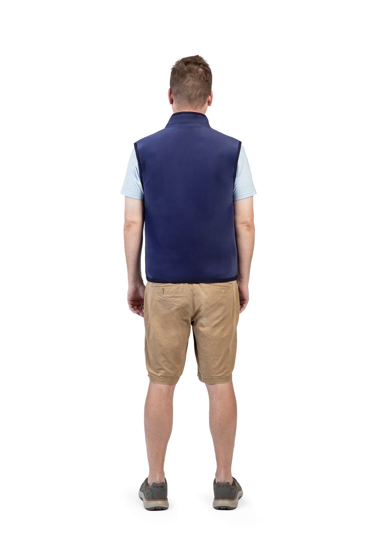 Men's azure cooling vest, back view, sleeveless with stand collar