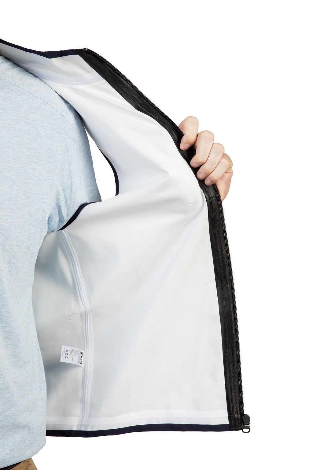 White cooling vest with black piping and zipper edge, side view