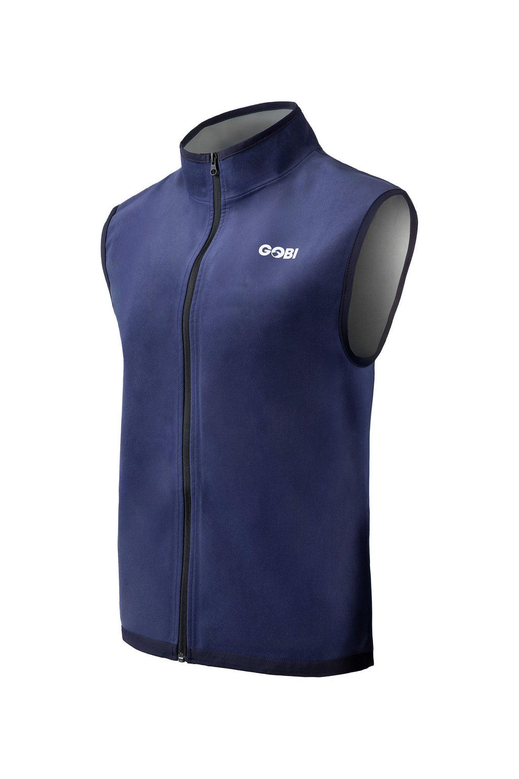 Navy blue cooling vest with high collar, full front zipper, GOBI logo