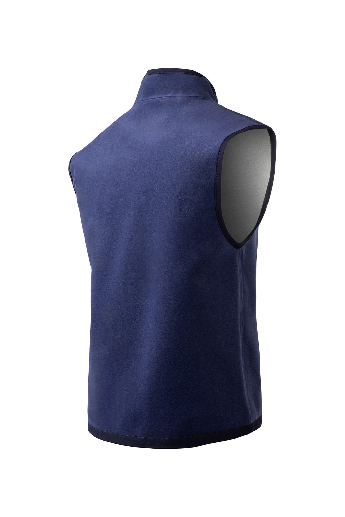 Navy blue cooling vest back view, sleeveless with curved hem