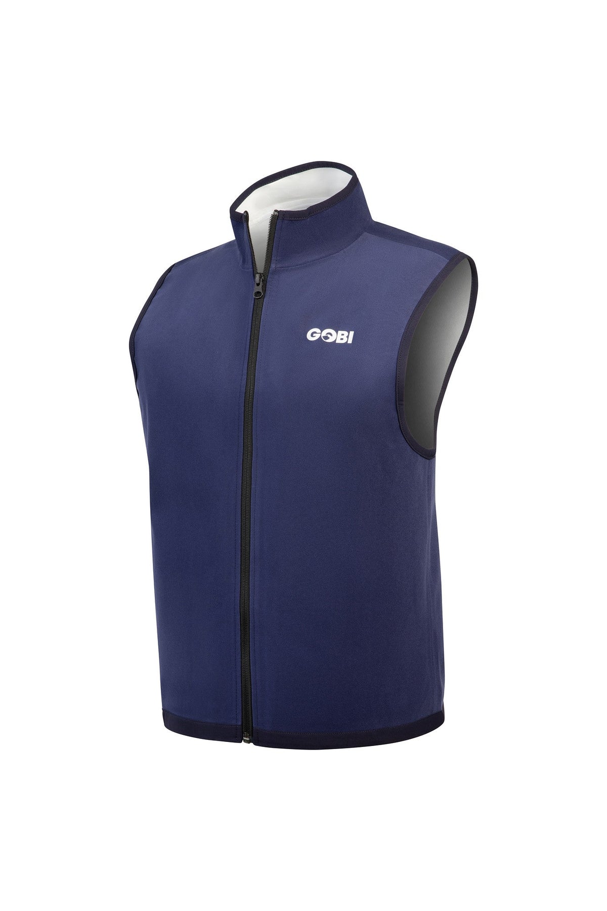Navy blue cooling vest front view with high collar and zipper, GOBI logo