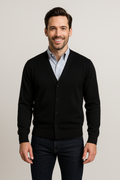 Black merino wool cardigan with button front and V-neck, long sleeves