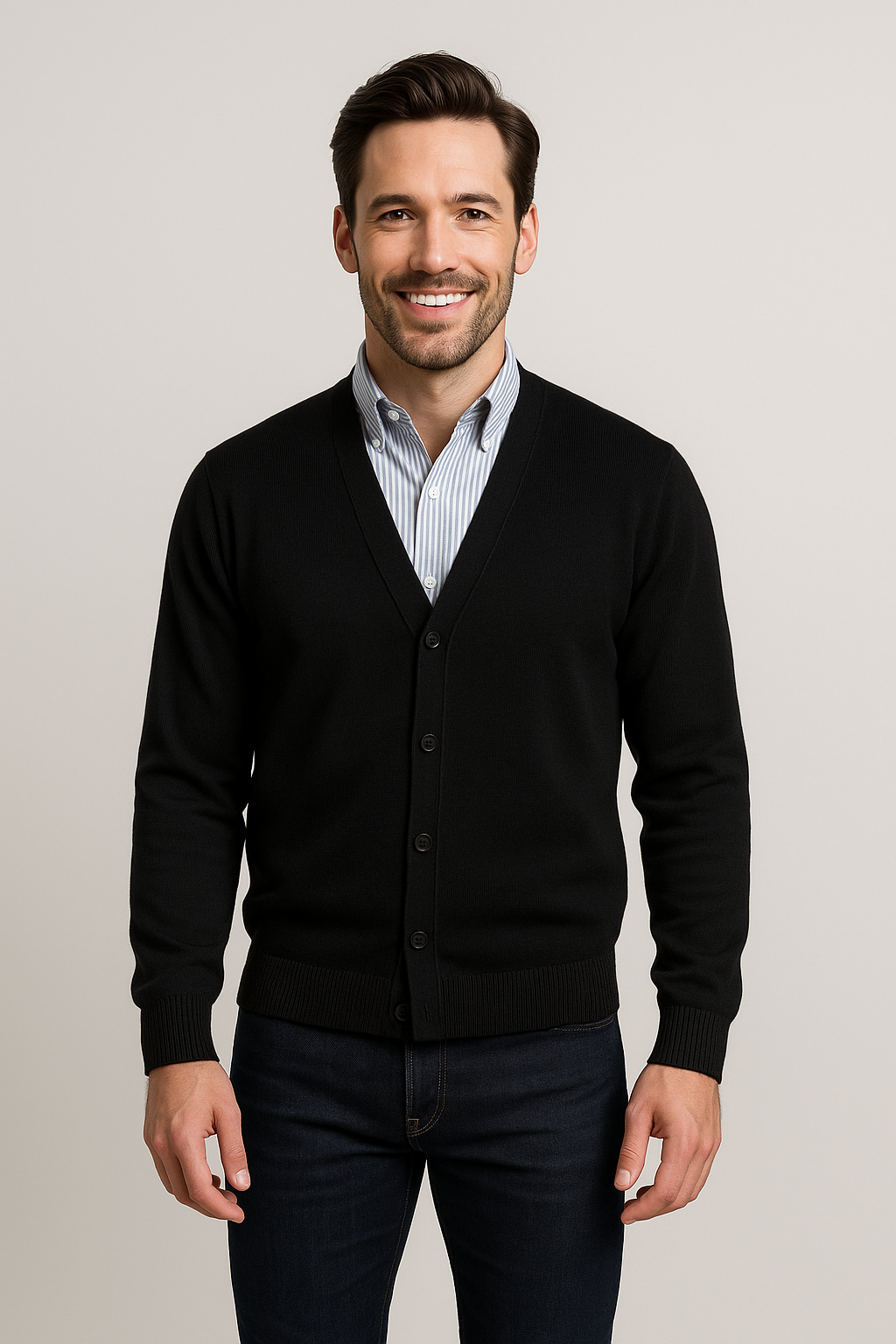Black merino wool cardigan with button front and V-neck, long sleeves