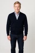 Men’s navy merino wool cardigan with button front and V-neck
