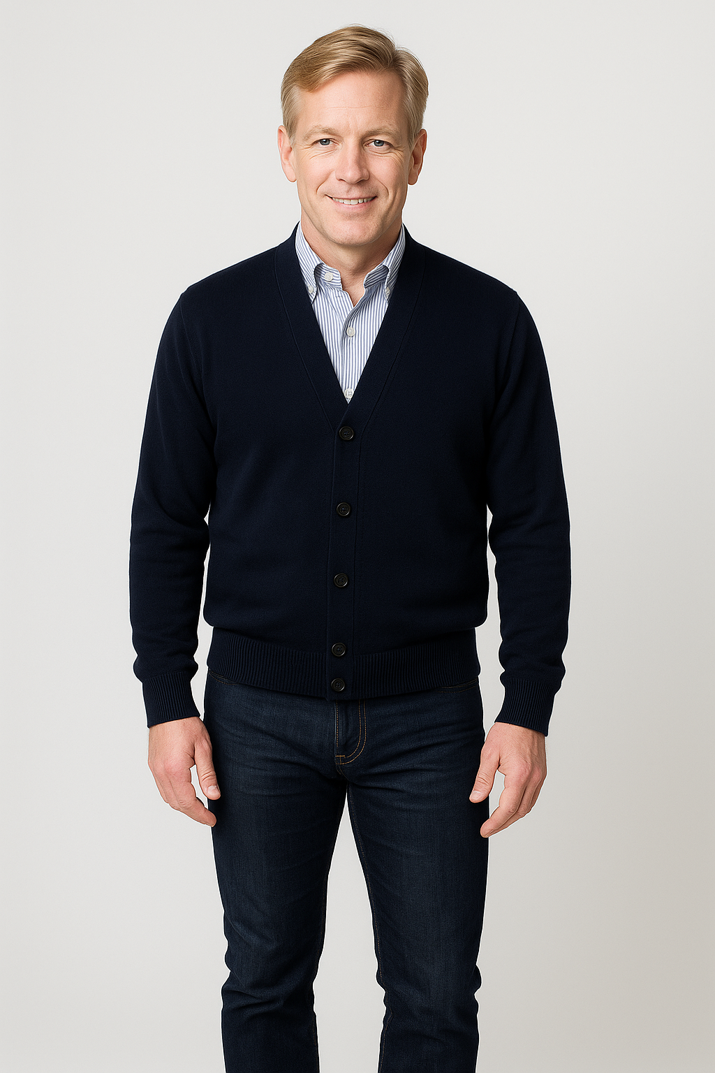 Men’s navy merino wool cardigan with button front and V-neck