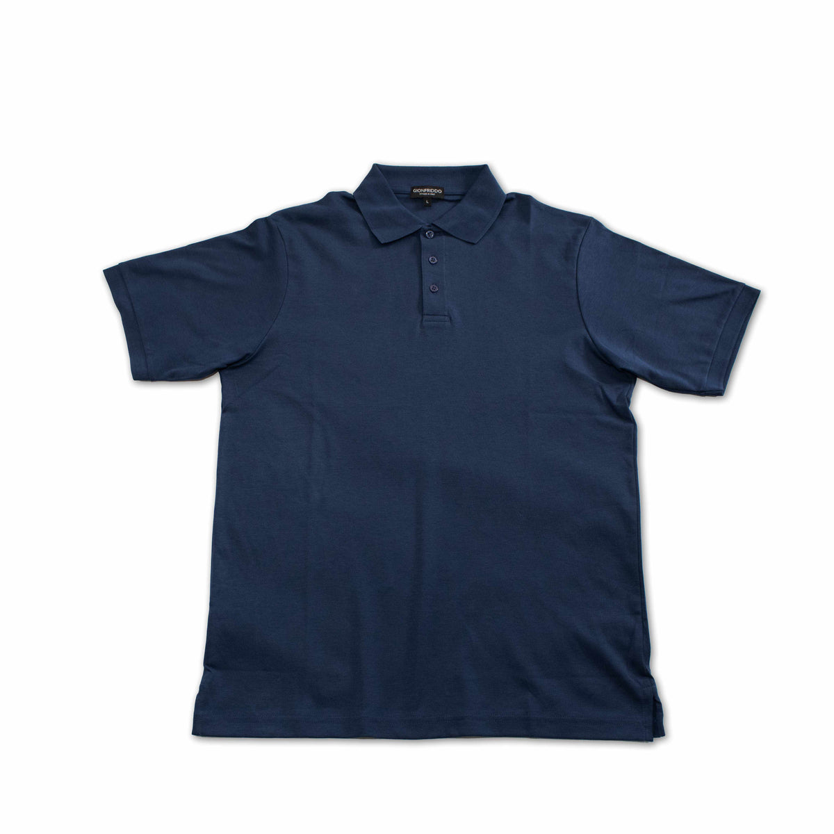 Navy short-sleeve polo shirt with button placket and fold-over collar