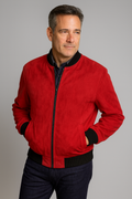 Men's red baseball jacket with zip front, ribbed collar, cuffs, and hem
