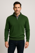 Cashmere-blend quarter-zip pullover sweater, forest green with ribbed cuffs and hem.