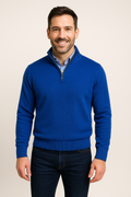 Royal blue cashmere-blend quarter-zip pullover sweater with ribbed cuffs and hem