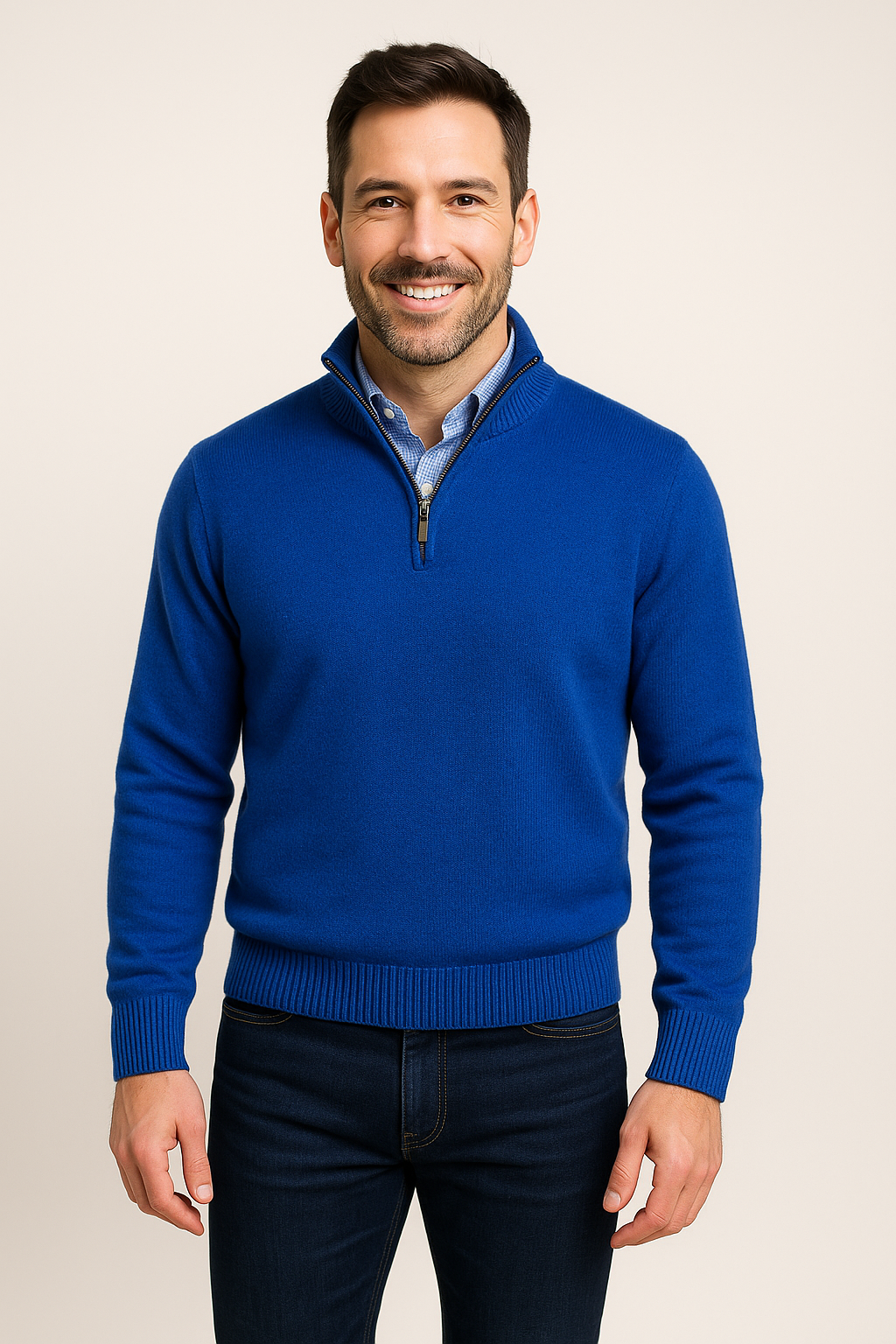 Royal blue cashmere-blend quarter-zip pullover sweater with ribbed cuffs and hem
