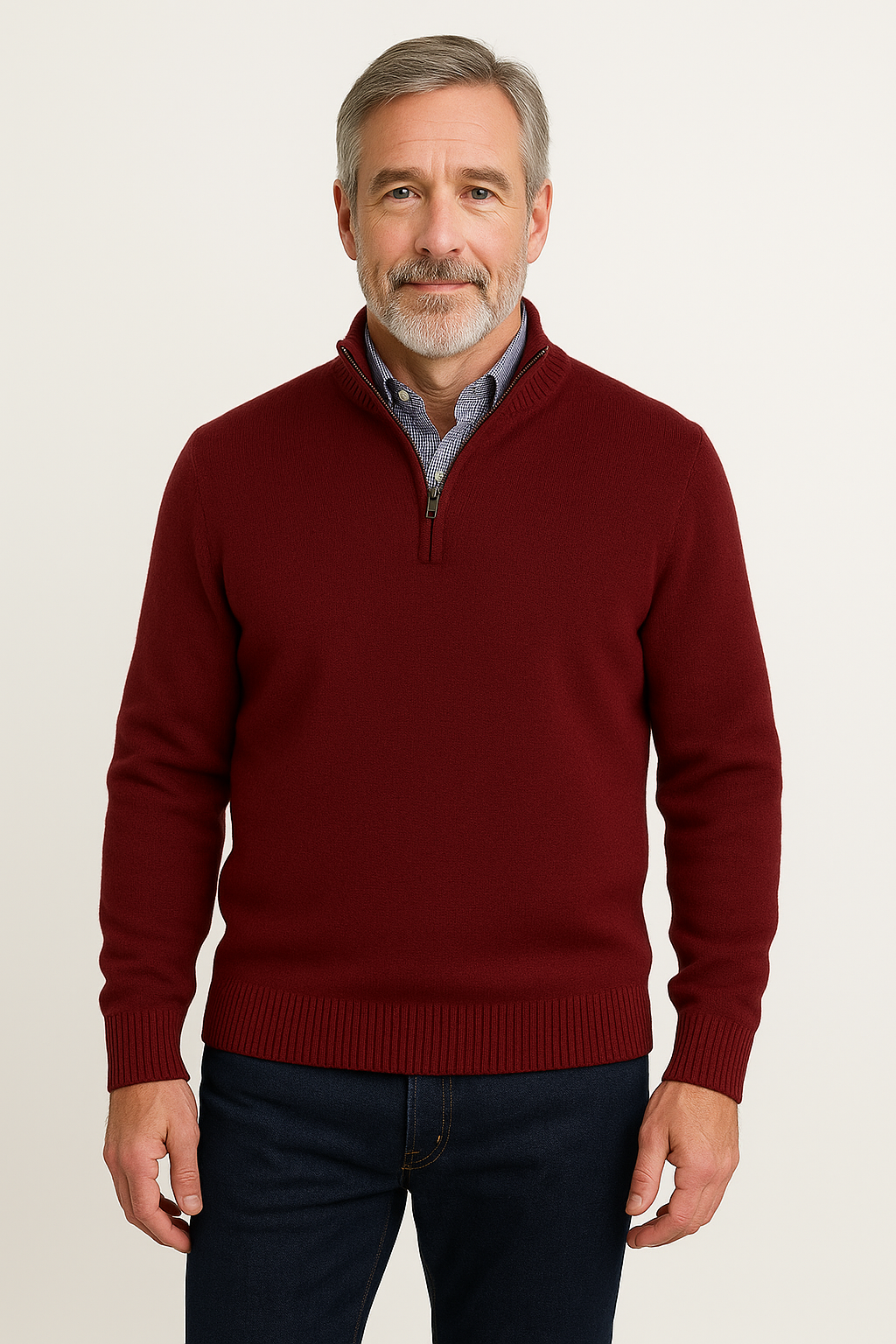 Wine cashmere-blend quarter-zip pullover sweater with ribbed hem and cuffs