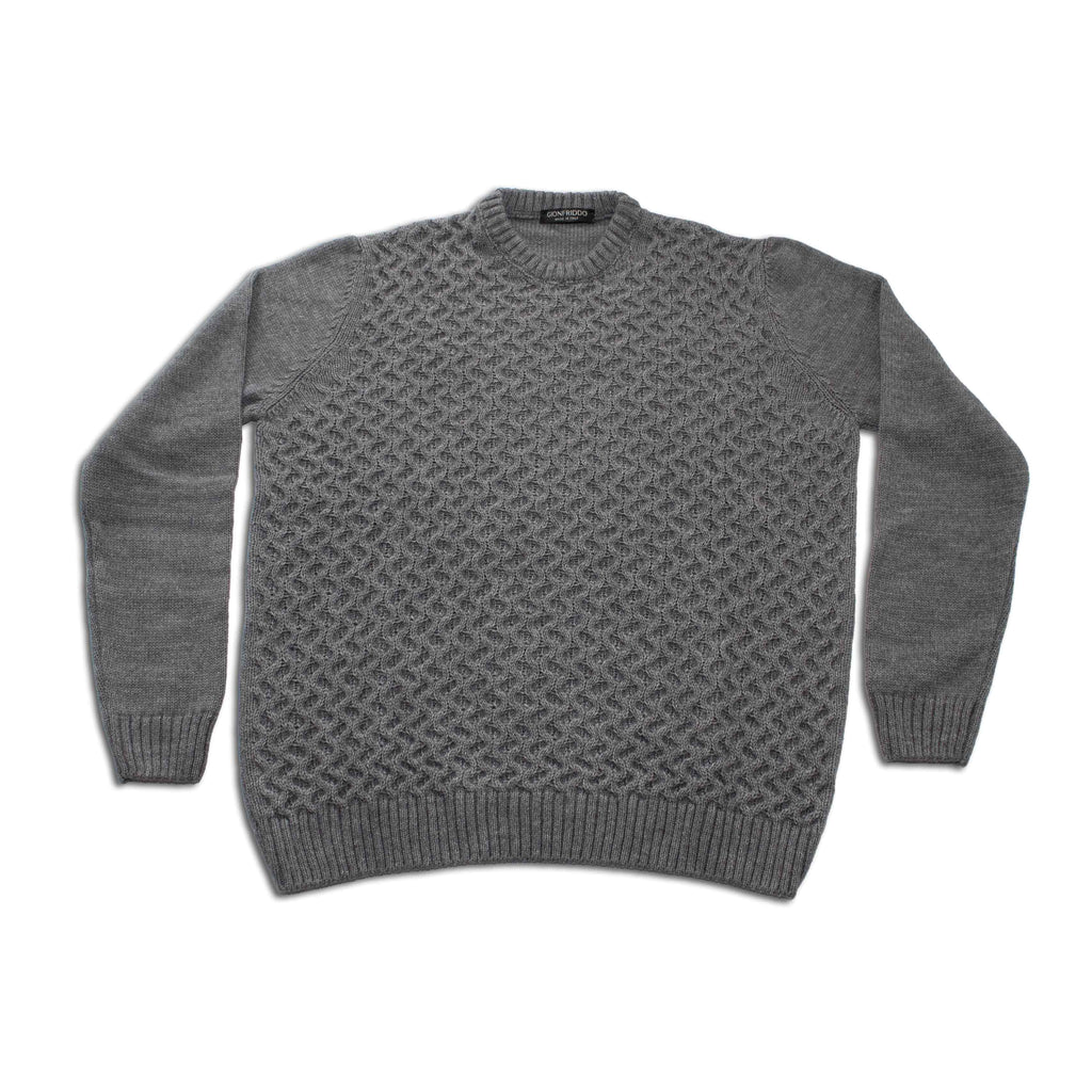 Medium gray crew neck cable knit sweater, long sleeves, ribbed neckline