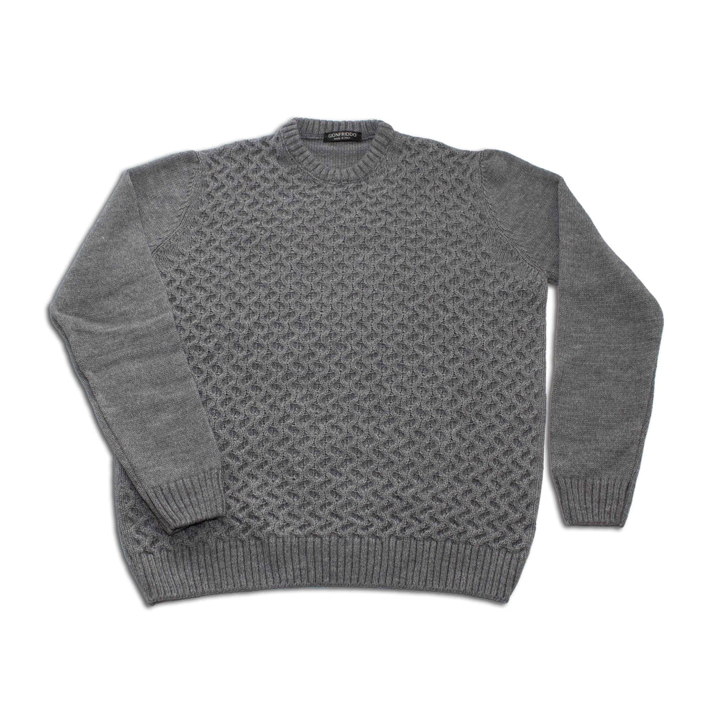 Medium gray crew neck cable knit sweater with ribbed cuffs and hem