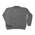 Medium gray crew neck cable knit sweater with ribbed cuffs and hem