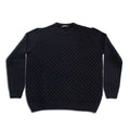 Navy crew neck cable-knit sweater with long sleeves, ribbed cuffs and hem