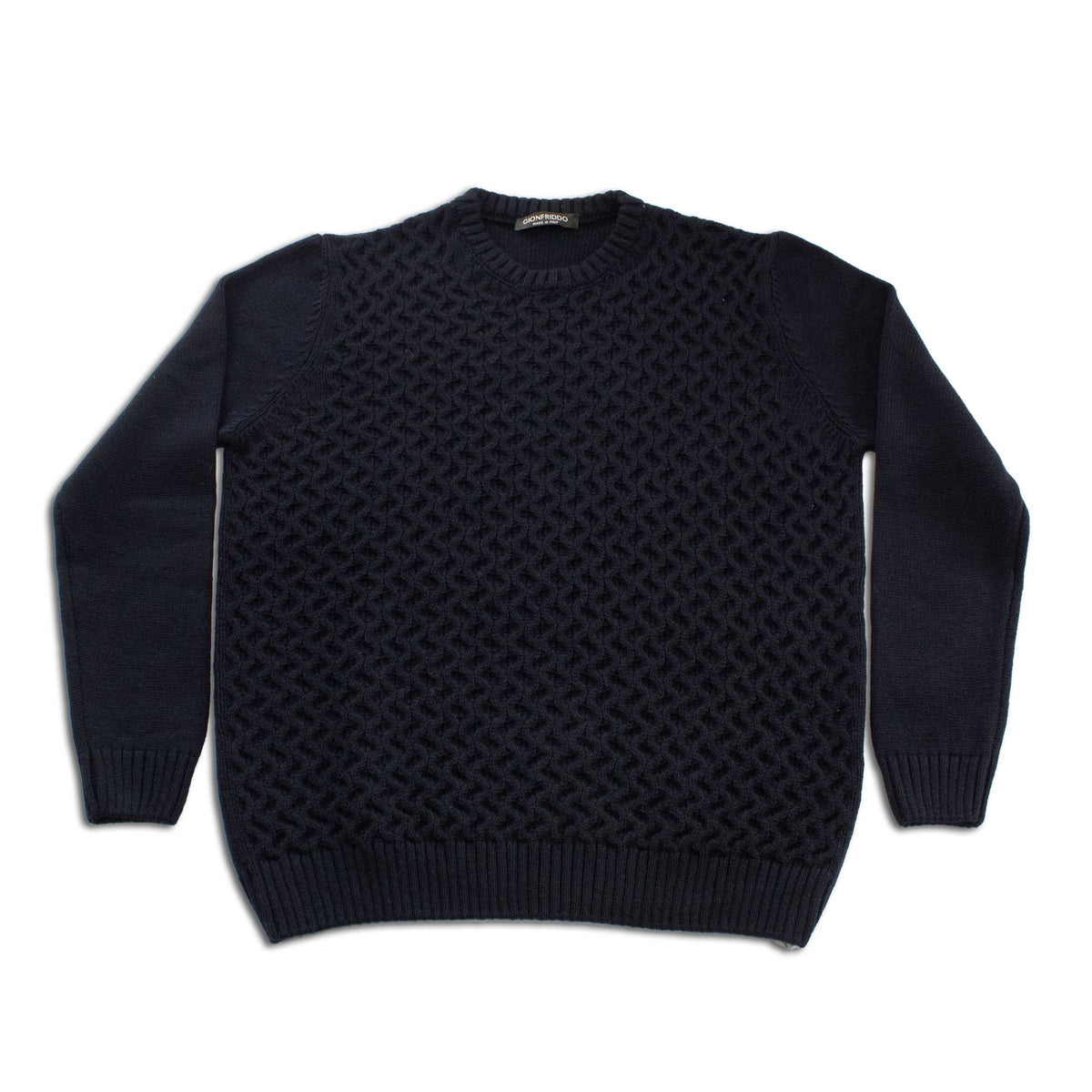 Navy crew neck cable-knit sweater with long sleeves, ribbed cuffs and hem