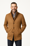 Camel cashmere-wool blend car coat with stand collar, button front, and side pockets