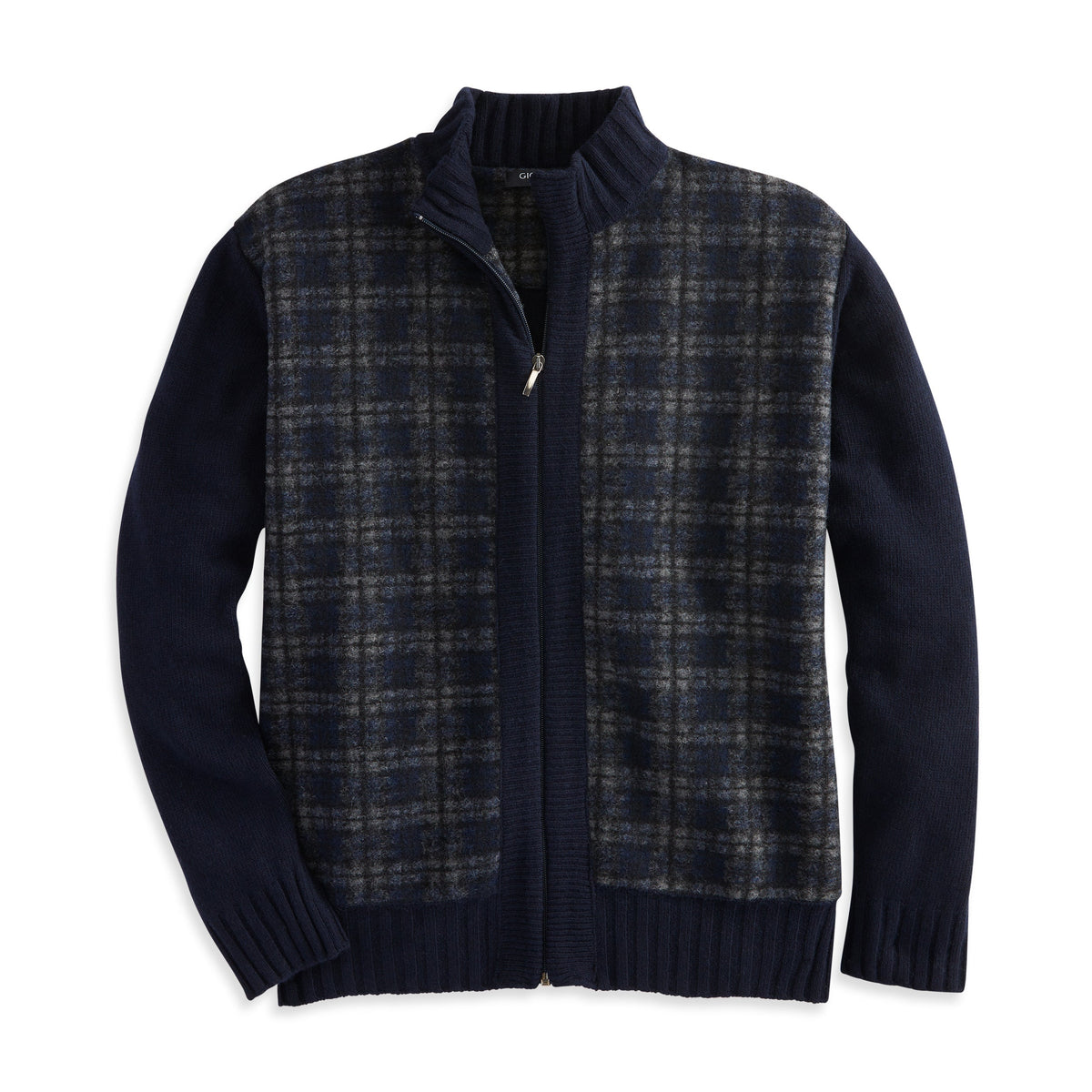 Navy sweater jacket with plaid front, quarter-zip, and ribbed cuffs