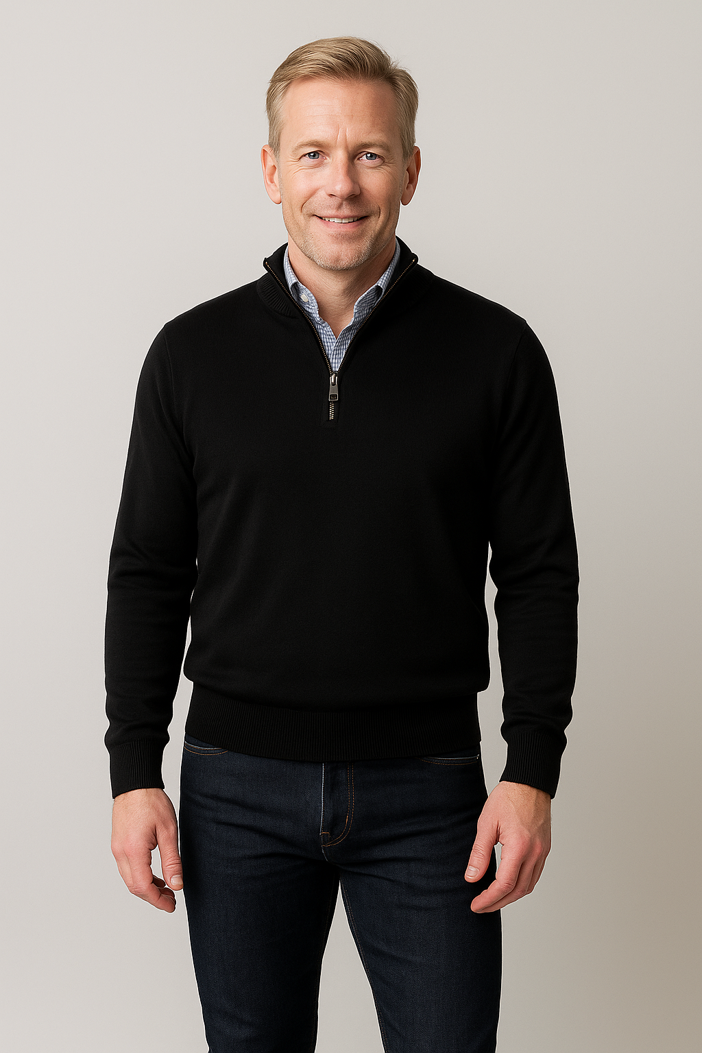 Black merino wool quarter-zip sweater with half-length zipper and ribbed cuffs.