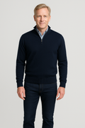 Navy merino wool quarter-zip sweater with long sleeves and ribbed cuffs
