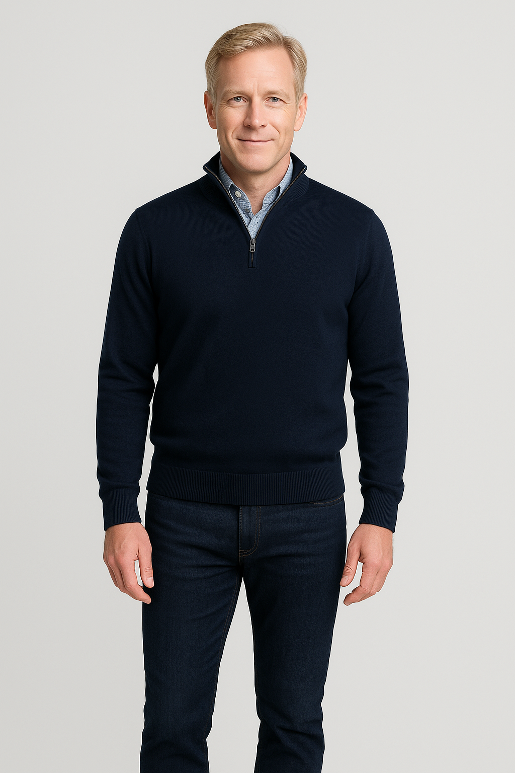 Navy merino wool quarter-zip sweater with long sleeves and ribbed cuffs