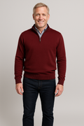 Wine merino wool quarter-zip sweater with ribbed cuffs and collar