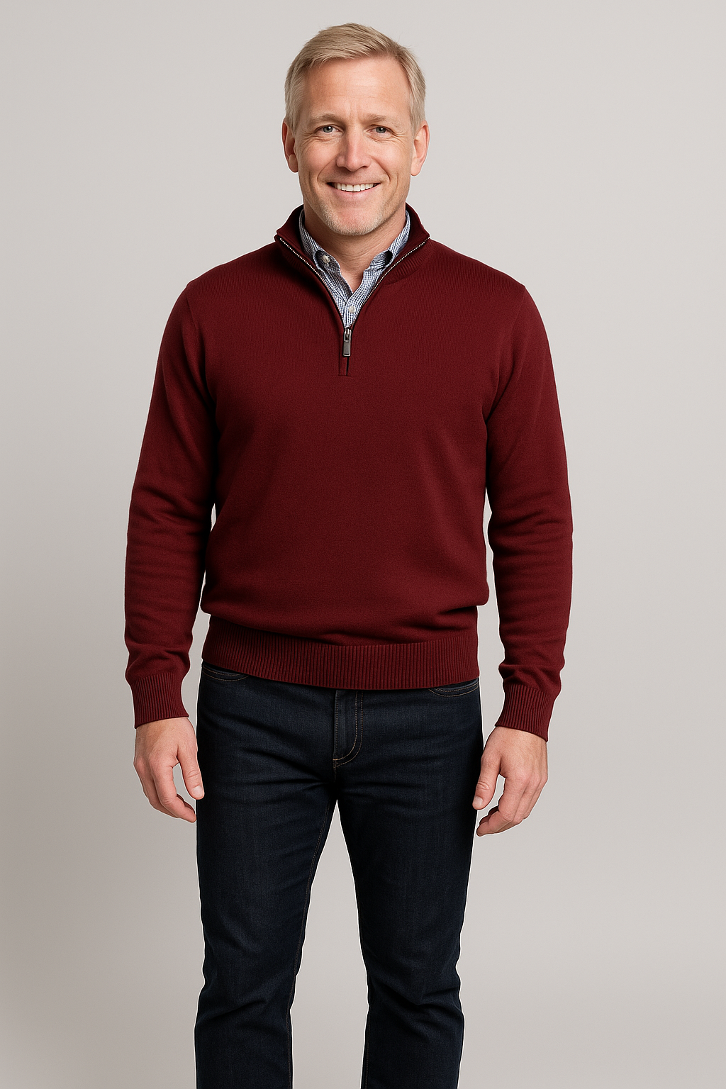 Wine merino wool quarter-zip sweater with ribbed cuffs and collar