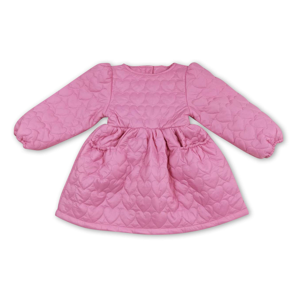 Pink girls winter coat with quilted heart pattern and long sleeves