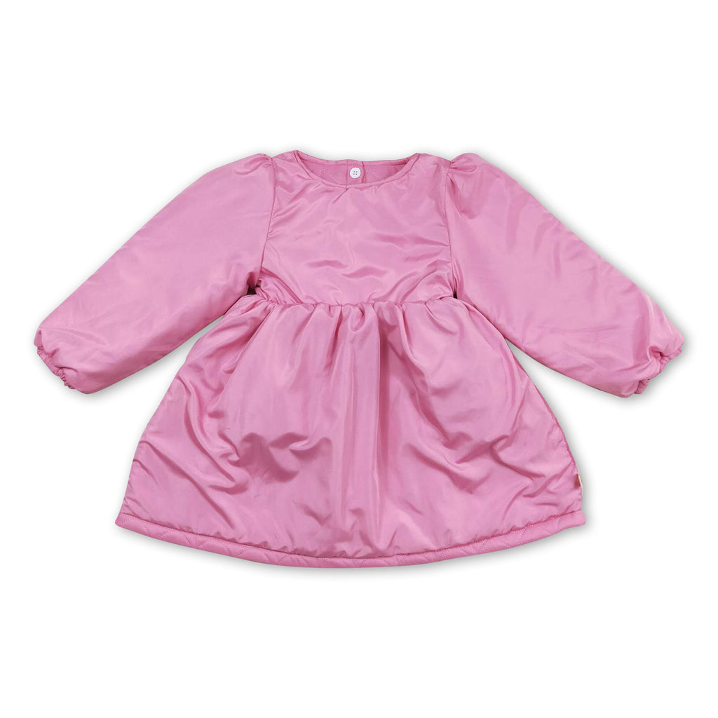 Pink kids winter coat with gathered waist and long sleeves