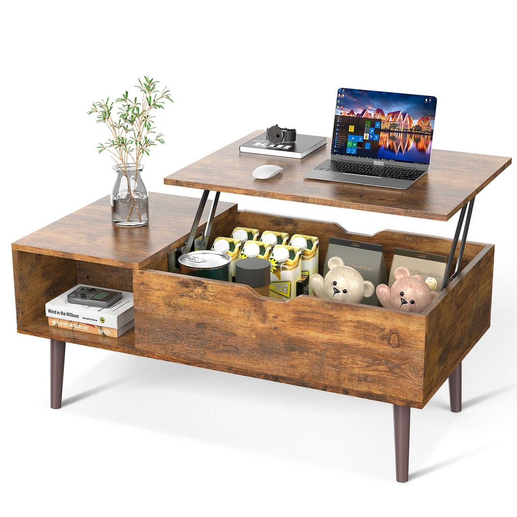 Lift-top coffee table with open storage drawer, brown wood finish, tapered legs.