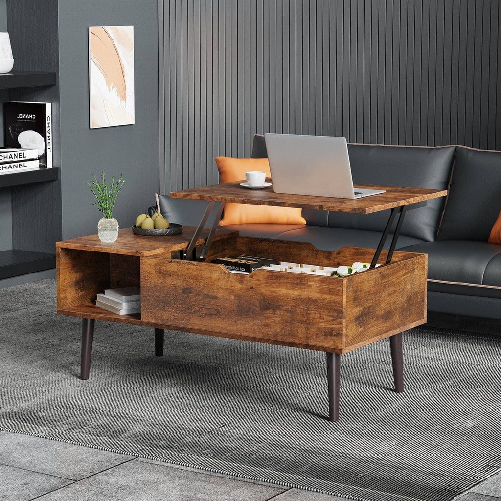Lift-top coffee table with brown wood finish and open drawer, laptop on raised top.