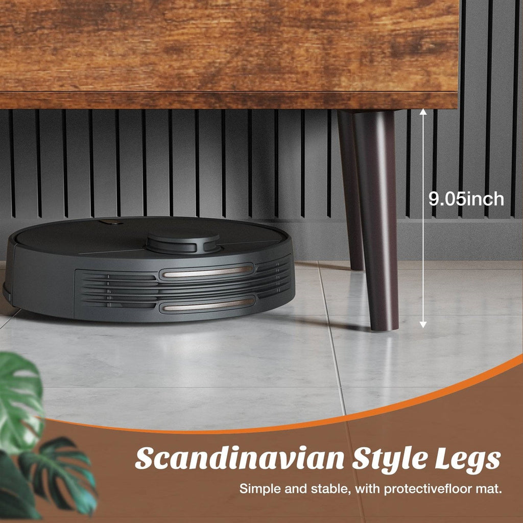 Lift-top table with hydraulic lift, open clearance for robot vacuum, brown wood finish.