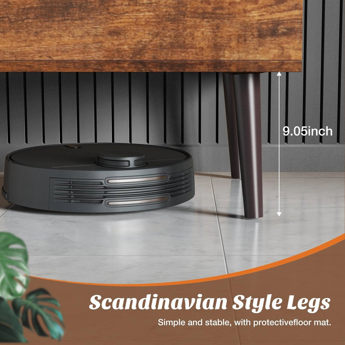 Lift-top table with hydraulic lift, open clearance for robot vacuum, brown wood finish.