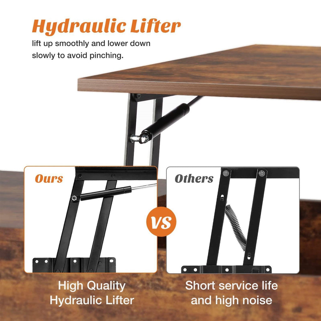 Lift-top coffee table showing hydraulic lift mechanism under raised tabletop, brown wood.