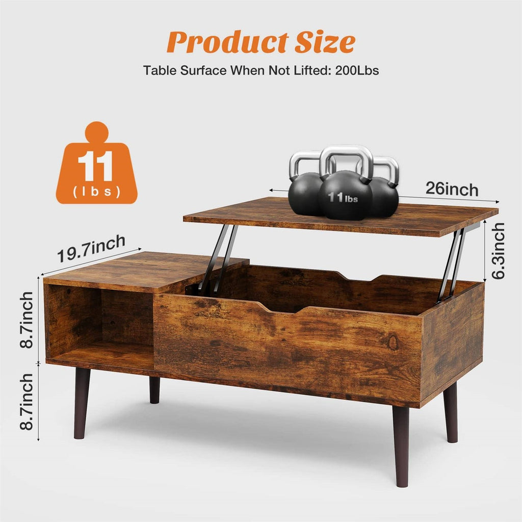 Brown wood lift-top table with open storage drawer and four legs.