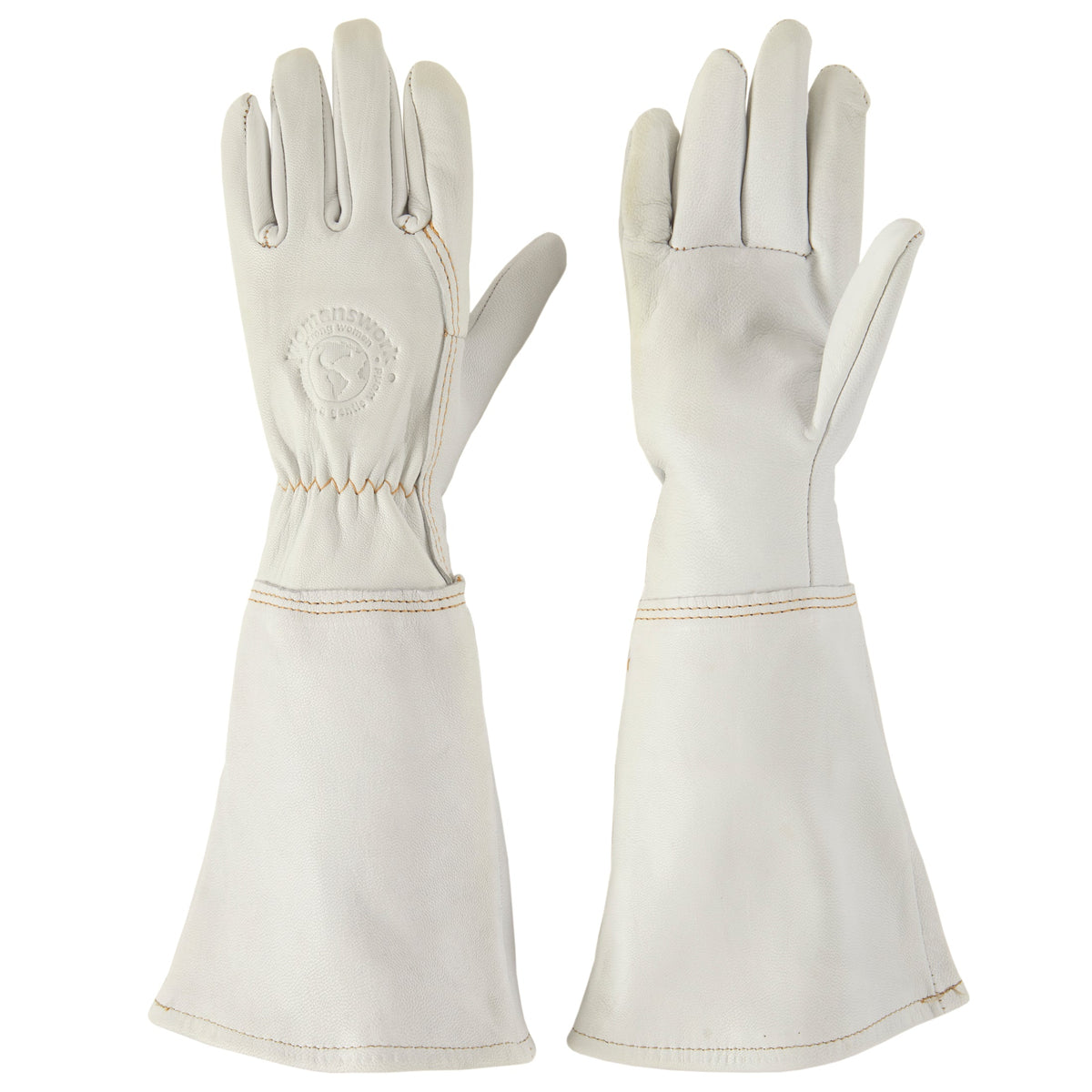 Pair of white goatskin gauntlet gloves, front and back view with embossed logo