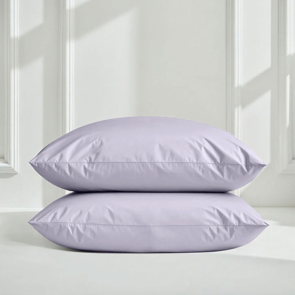 Lilac sateen bedding bundle with two smooth envelope pillows.