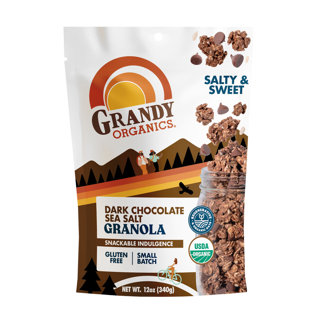 Dark chocolate sea salt granola bag with front label and visible crunchy clusters