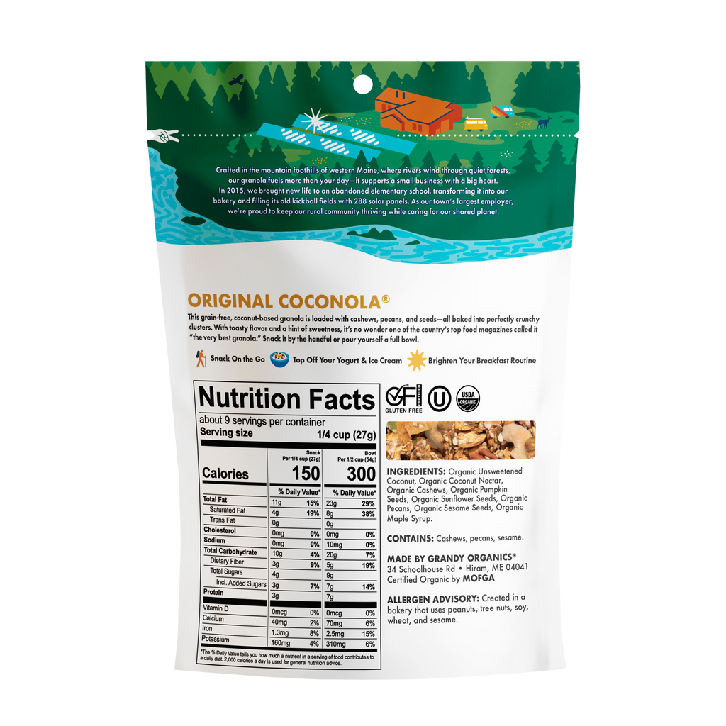 Original Coconola granola bag back with Nutrition Facts and ingredients panel