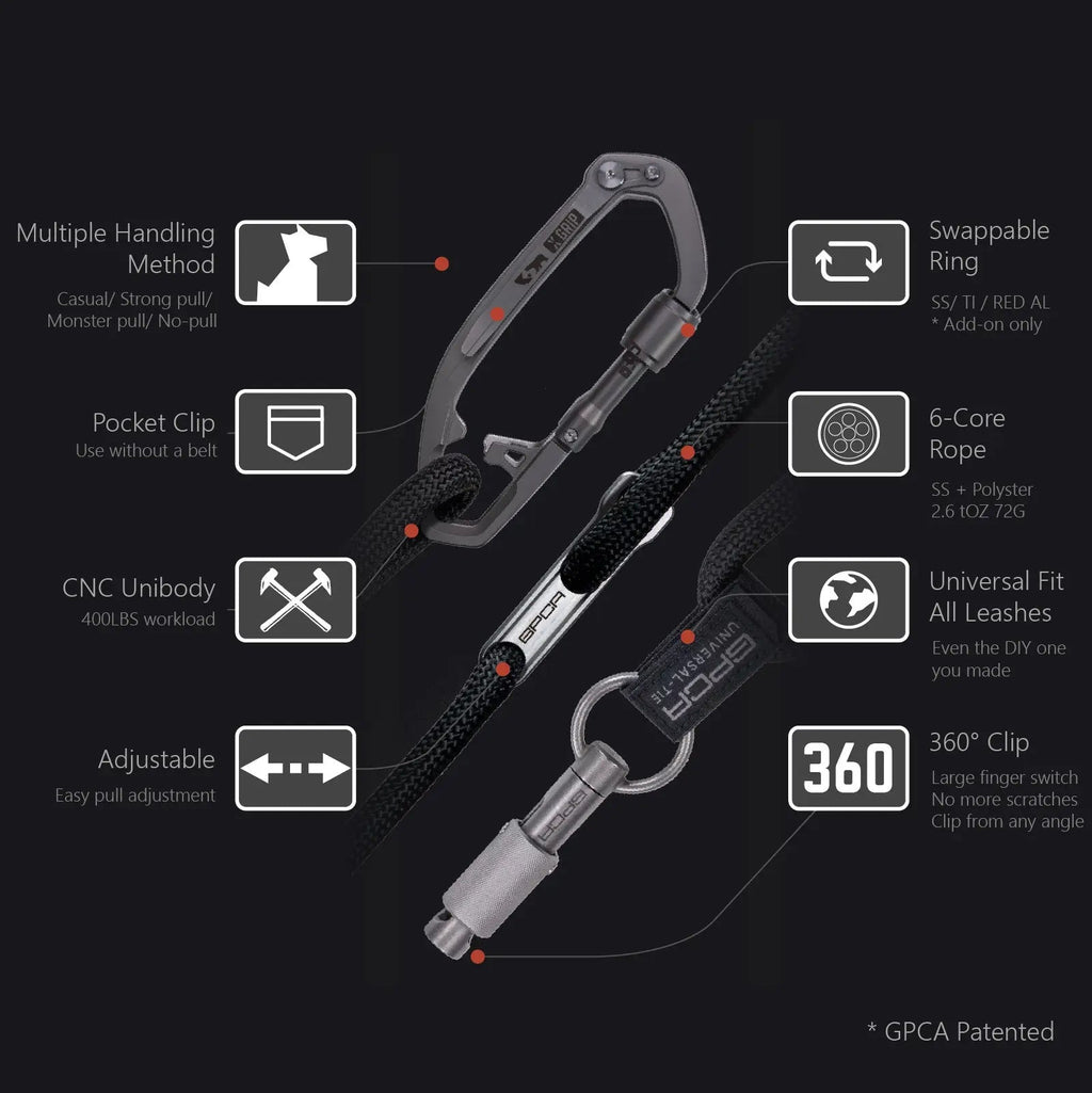 Dog leash set with gray carabiner clip, black rope webbing, and metal connector.