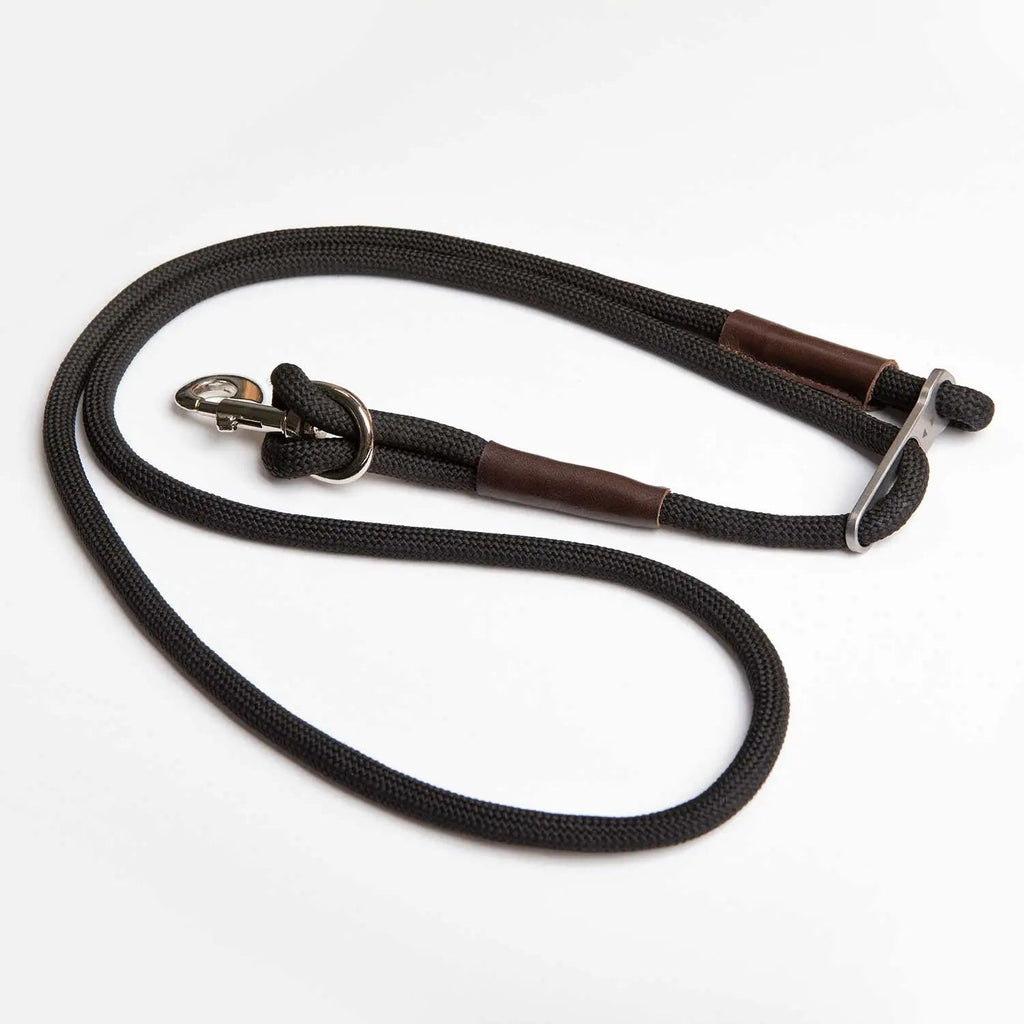 Dog leash with black rope-style webbing and brown grip sleeves, metal clasp